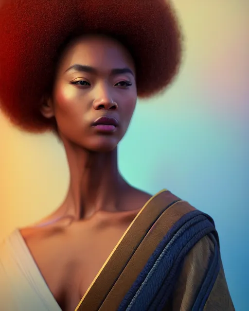 Image similar to portrait of pretty samurai with afro, female, prismatic highlights, super model, brown skin, blue eyes, telephoto, beautiful, depth of field, cinematic, macro, concept art, 50mm, art station, wepa digital, digital painting, elegant, epic, focus, octane render, v-ray, 8k, C4D, art by Karol Bak