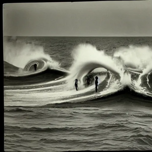 Prompt: insane by walker evans. the installation art of a huge wave about to crash down on three small boats. the boats are filled with people, & they all look terrified.