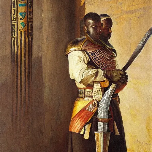Prompt: a painting of a man holding a sword and a shield, egyptian art by Rudolf Ernst, trending on cgsociety, afrofuturism, egyptian art, detailed painting, oil on canvas