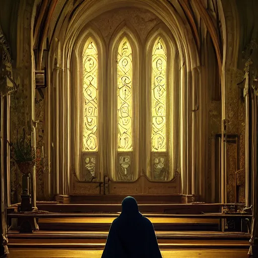 Image similar to epic portrait an hooded man praying in a church during a battlefield, digital painting, artstation, concept art, soft light, hdri, smooth, sharp focus, illustration, fantasy, intricate, elegant, highly detailed, D&D, matte painting, in the style of Greg Rutkowski and Alphonse Mucha and artemisia, 8k, highly detailed, jurgens, rutkowski, bouguereau, pastoral, rustic, georgic, detailed concept art, illustration, colorful pastel, painting, detail, ultra detailed, digital art, 4K,