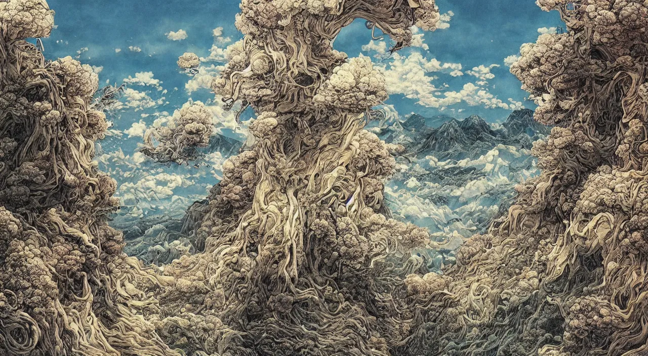 Prompt: A beautiful landscape painting of dystopian future in the mountains by junji ito and Yoshitaka Amano and jean-honore fragonard