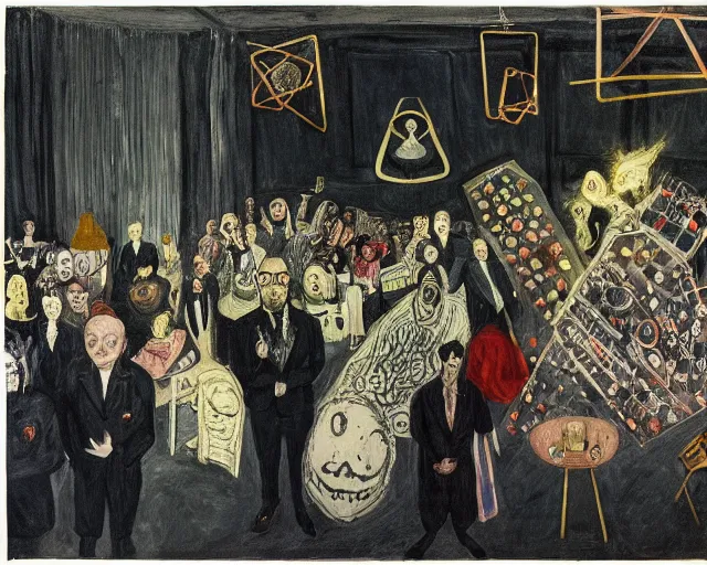 Image similar to the horror of beaurocracy, papers, horror, desks, office, waiting, stress, frustration, anger, crowded, harsh cinematic lighting, high qulity, 4 k, by charles addams and hilma af klint and affandi
