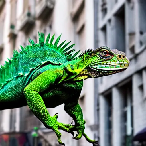 Prompt: a massive green iguana attacking a city