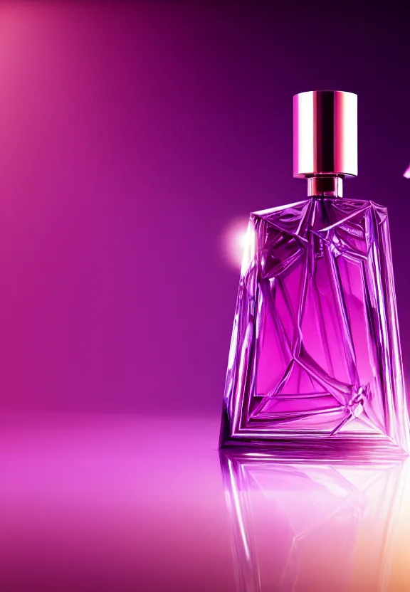 Prompt: close up shot of one premium perfume bottle containing purple liquid, the bottle is placed on a table, the bottle is in the middle of the scene, dust in the background, cinematic lighting!, spotlight, ultra detail, commercial, designer product, cinematic lighting, hd artstation, symmetrical, rendered, 4k