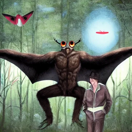 Prompt: mothman hanging out with bigfoot, hyperrealistic