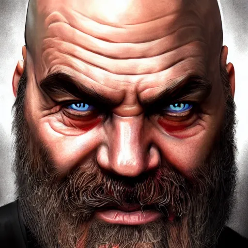 Prompt: high detailed portrait of a bald wizard with red long beard and a tribal tattoo around his left eye, gta 5 cover style, highly detailed, digital painting, Trending on artstation , HD quality, by Samwise Didier, dramatic light, octane