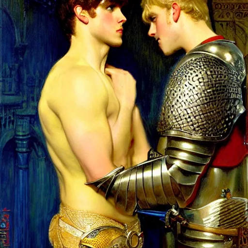 Image similar to attractive fully clothed arthur pendragon confesses his love for his attractive fully clothed male knight. highly detailed painting by gaston bussiere and j. c. leyendecker 8 k