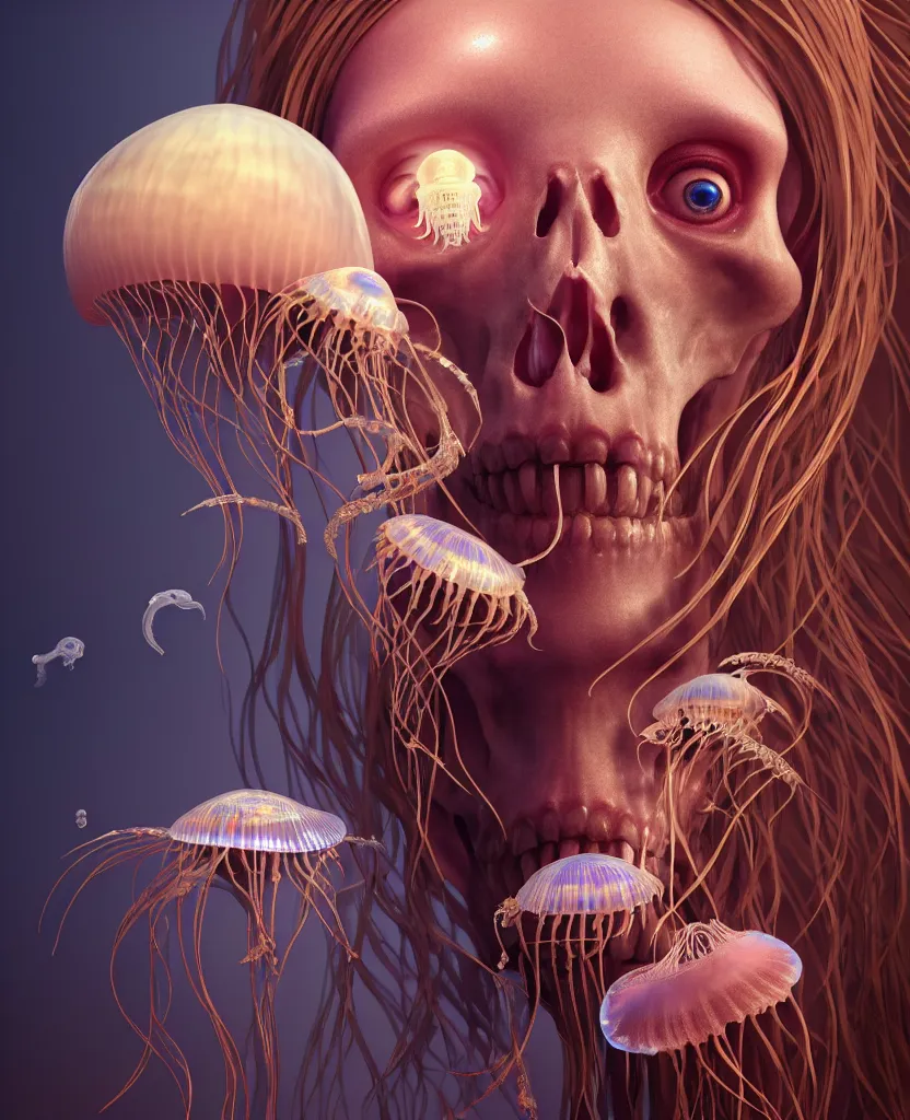 Image similar to goddess close - up portrait human skeleton, ram skull, jellyfish, orchid, betta fish, bioluminiscent, intricate artwork by tooth wu and wlop and beeple. octane render, trending on artstation, greg rutkowski very coherent symmetrical artwork. cinematic, hyper realism, high detail, octane render, 8 k