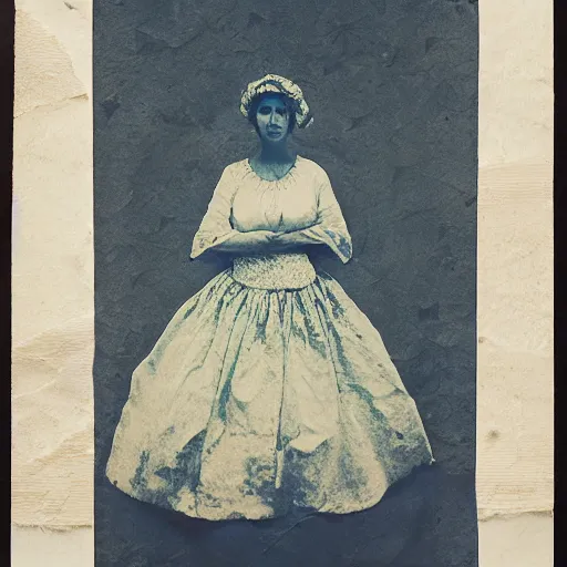 Prompt: a toned cyanotype photograph on handmade paper of a woman wearing a dress made of fish bones