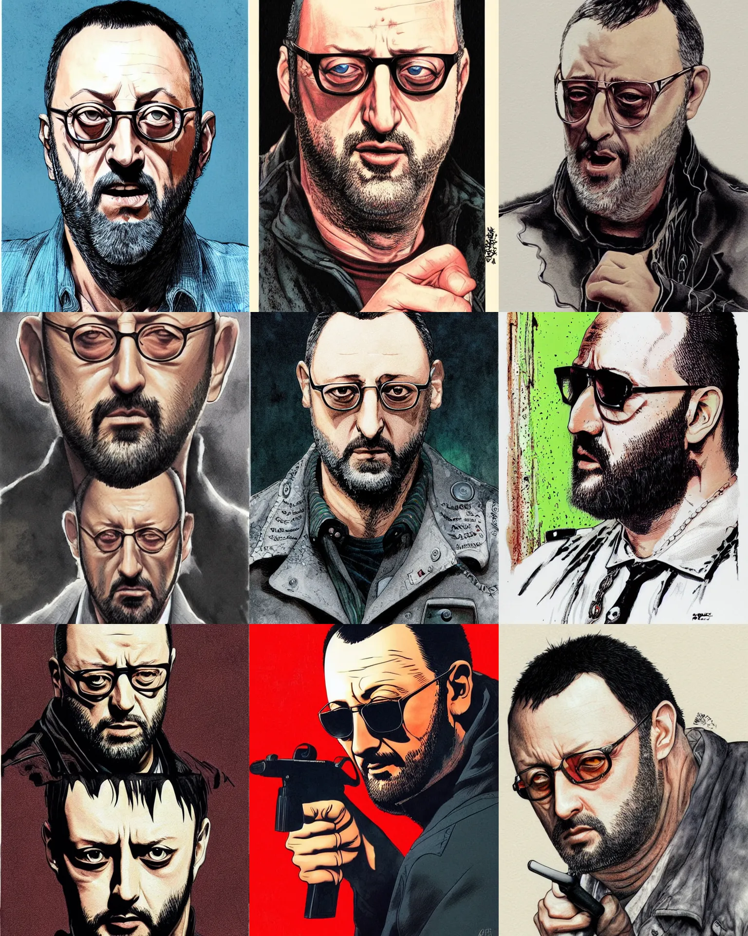 Prompt: highly detailed colored ink illustration full shot portrait of jean reno starring in leon - the professional, clean shaped illustration by kim jung gi, ric estrada, ron english and eiichiro oda