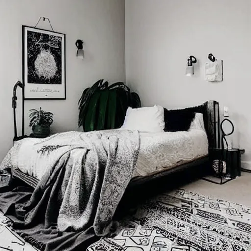 Image similar to a photo of a bedroom shot from the bathroom shot at night with art on the wall, the bed facing forward, a rug under the bed, dark and moody lighting, lived in, millennial vibes, highly detailed