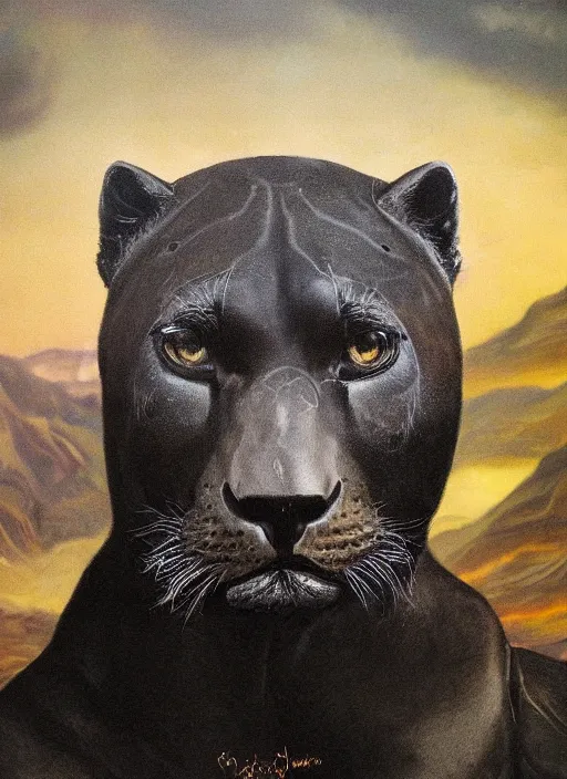 Image similar to a beautiful matte painting portrait of a black jaguar, close up, ayahuasca