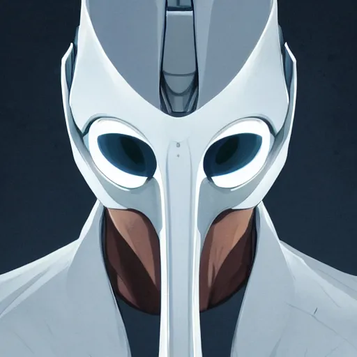 Image similar to portrait of a character with many robotic eyes, wearing sleek clothes, wearing a flowing white tailcoat, wearing a futuristic insectoid armored white mask with five circular lenses for eyes, the mask covers his entire face, many eyes, dramatic lighting, illustration by Greg rutkowski, yoji shinkawa, 4k, digital art, concept art, trending on artstation