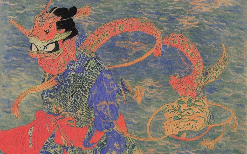 Prompt: a magical fantastic samurai with a crocodile mask, by monet, made with millions of stroke, japanese inspiration, wonderful details, crazy colors 1 0 %, pale sober colors 9 0 %