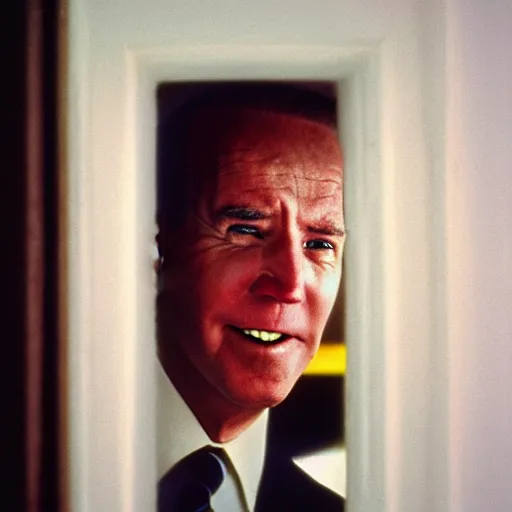 Prompt: A close-up portrait of Joe Biden's manic crazy face peeking through a hole in a door, film still from The Shining by Stanley Kubrick, Eastman Color Negative II 100T 5247/7247, ARRIFLEX 35 BL Camera