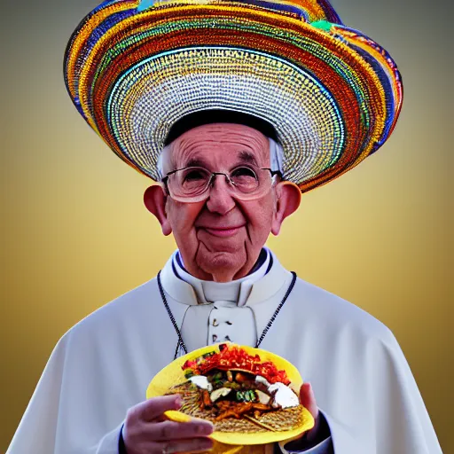 Image similar to pope john paul the 2 nd wearing a sombrero holding a taco, ( sony a 7 r iv, symmetric balance, polarizing filter, photolab, lightroom, 4 k, dolby vision, photography awardm, voque, perfect face )