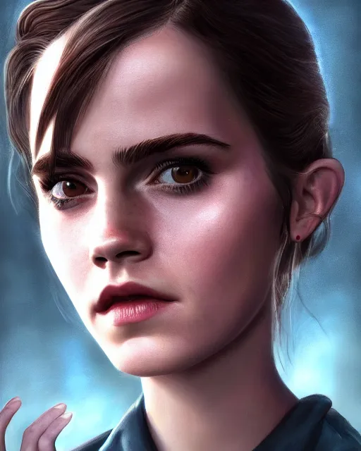 Prompt: portrait painting from emma watson as batman, by mark ryden and pixar and hayao miyazaki, unreal 5, daz, hyperrealistic, octane render, cosplay, rpg portrait, dynamic lighting, intricate detail, summer vibrancy, cinematic