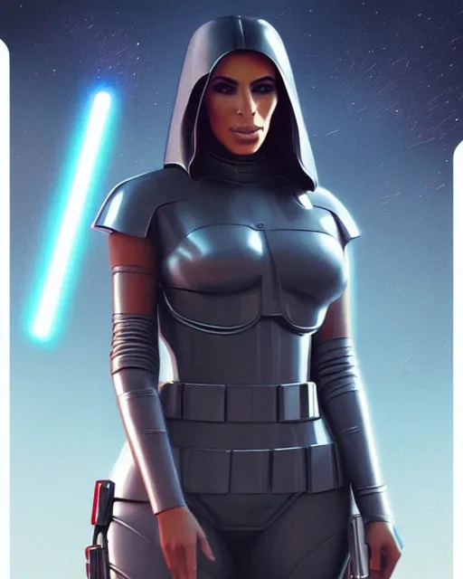 Prompt: kim kardashian : : young woman : : as hot star wars android woman by marvel trading card : : by greg rutkowski, wlop, instagram, unreal engine, : :