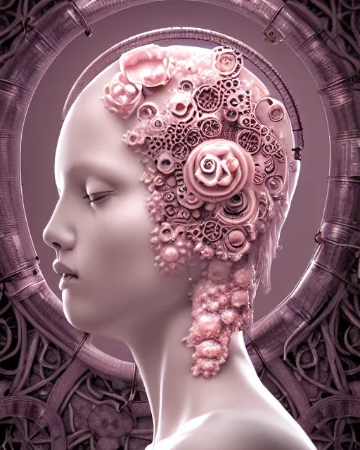 Prompt: mythical dreamy organic bio - mechanical spinal ribbed profile face portrait detail of translucent steampunk beautiful intricated monochrome angelic - human - queen - vegetal - cyborg, highly detailed, intricate translucent pale pink ivy jelly ornate, poetic, translucent roses ornate, 3 d render, digital art, octane render, 8 k artistic photography