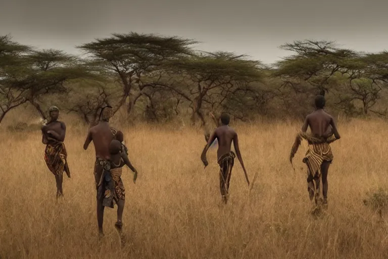 Image similar to cinematography African tribe hunting in the savanna by Emmanuel Lubezki