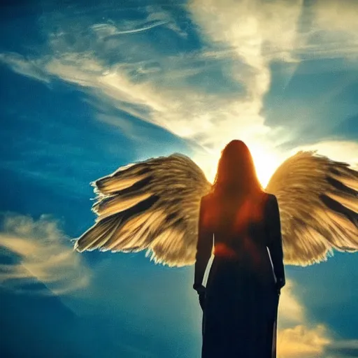 Image similar to beautiful angel with majestic wings flying in the sky during a sunset, cinematic, photo, real