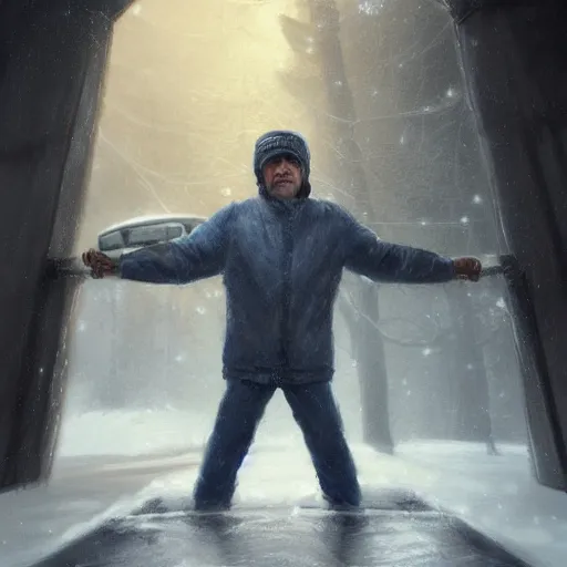 Prompt: concept art of rocky balboa lifting and old car in a barn, he wears a winter jacket and a beanie, matte painting, art concept, unreal engine, by aenaluck, artgerm and roberto ferri and greg rutkowski, blue and white tones, digital painting, artstation, concept art, smooth, sharp focus ilustration hq