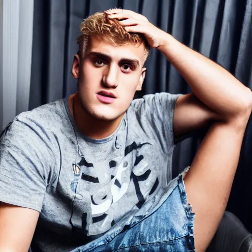 Image similar to jake paul sitting confused and sweating in a small european apartment.