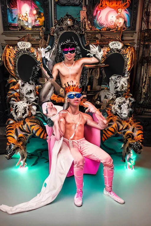 Image similar to full-body rococo and cyberpunk style neon statue of a young attractive Tanner Buchanan wearing cholo shades macho dotado e rico android sim roupa reclining con las piernas abertas e la piroca dura, ethereal white dripping tar, glowing orange lasers, pink tigers, glowing eyes, silver prince crown, black gears, pink diamonds, swirling mint-colored silk fabric. futuristic elements. full-length view. human skulls. large intricate artwork by caravaggio. Trending on artstation, octane render, cinematic lighting from the right, hyper realism, octane render, 8k, depth of field, 3D