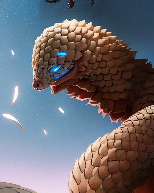 Image similar to highly detailed vfx portrait of a pangolin with white and gold cyborg scales, unreal engine, greg rutkowski, loish, rhads, beeple, makoto shinkai and lois van baarle, ilya kuvshinov, rossdraws, tom bagshaw, alphonse mucha, global illumination, detailed and intricate environment