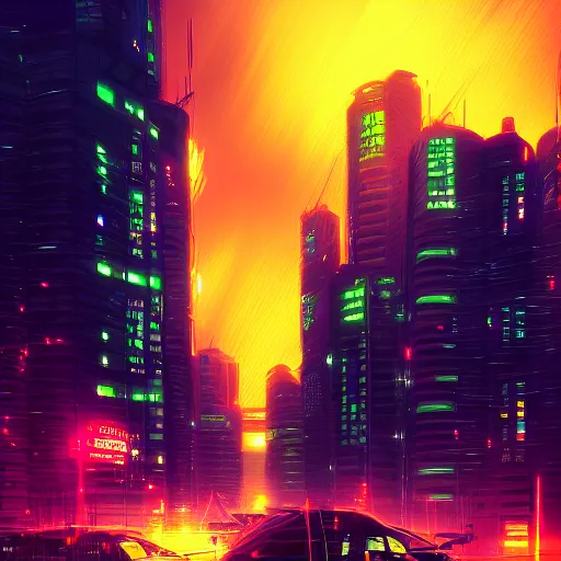 Prompt: digital painting of a city at night, cyberpunk art by Makoto Shinkai, pixiv, color field, anime aesthetic, vivid colors, colorful, trendy on behance hd