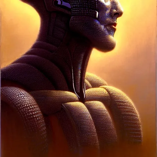 Prompt: cinematic portrait of a god droid, only head and chest, intricate, desaturated, Tim Hildebrandt, Wayne Barlowe, Bruce Pennington, donato giancola, larry elmore, maxfield parrish, Moebius, Thomas Ehretsmann, oil on canvas, gouache painting, masterpiece, trending on artstation, cinematic composition, dramatic pose, volumetric lighting, sharp, details, hyper-detailed, HD, 4K, 8K