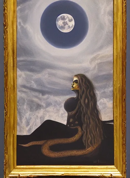 Image similar to surrealism, abstract, a dark witch in front of the full big moon, painting by abercrombie, gertrude