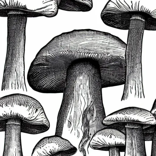 Prompt: mushroom with long stem, black and white illustration