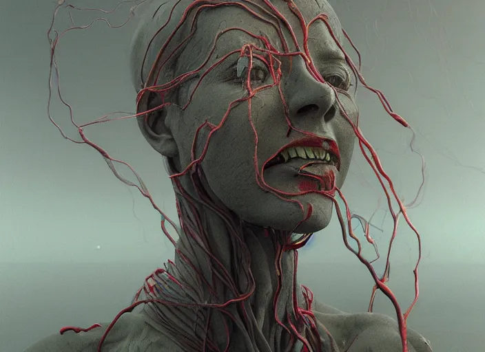 Image similar to rgb, woman, inspired by zdzislaw beksinski, new zealand landscape, clothes made out of veins,, cables everywhere, bedroom, ultra realistic, concept art, intricate details, highly detailed, photorealistic, octane render, 8 k