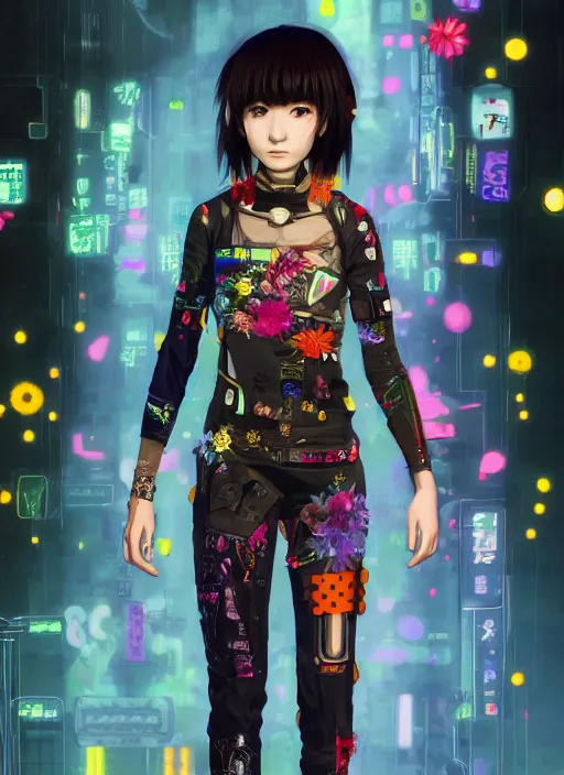 Prompt: studio photo portrait of Lain Iwakura from Serial Experiments Lain wearing floral garlands over her cyberpunk netrunner skinsuit. full height portrait of Lain as a genius hacker from cyberpunk 2077 the anime wearing a carbon hacker dress adorned with golden circuits, concept art by Greg Rutkowski, James Gurney, Ross Tran, Ruan Jia, by J. C. Leyendecker and Edmund Blair Leighton and Charlie Bowater, ultrarealistic octane render, 4k, 8k, HDR, rtx on, trending on ArtStation