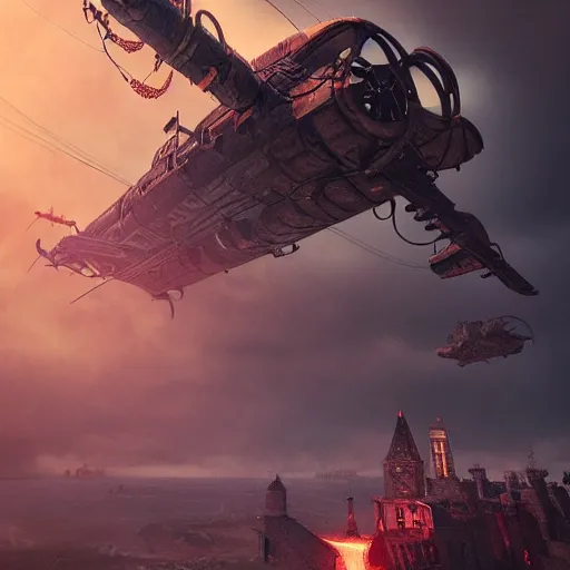 Image similar to a flying steampunk fortress, intricate, behrens style, octane render, fantasy digital art, beautiful composition, trending on artstation, night, meteors, red lightning!!!, red lightning, red lightning, dramatic lighting, snowstorm, eldritch