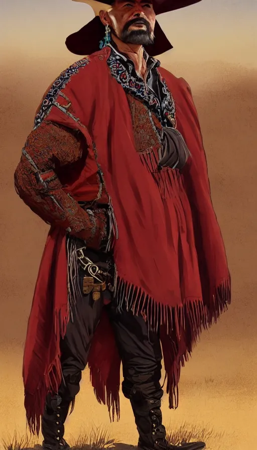 Image similar to ferocious bandido leader full body portrait, forajido cowboy, stern look, late xix century red and carmesi gaucho style, ornate poncho, steppe background, highly detailed, digital painting, character design, artstation, concept art, art by Artgerm, Greg Rutkowski, Craig Mullins, Stanley Artgerm Lau, WLOP, Ross tran, James Jean, red dead redemption, magic the gathering, digital art - W 640