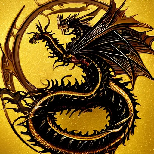 Prompt: emblem of black dragon on a gold metallic dragon logo, by artgerm, tom bagshaw, gerald brom, moody vibe, victorian vibe, gold, shiny, gold, 4 k, hd,