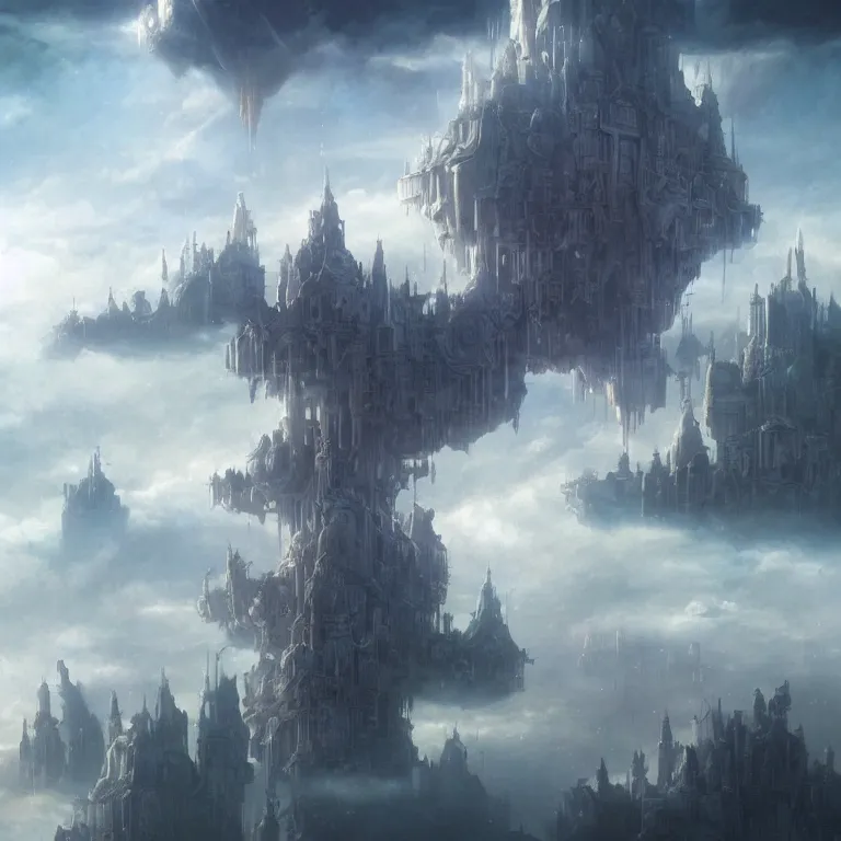 Image similar to city floating city on clouds, by wayne barlowe, peter mohrbacher, kelly mckernan, epic scene, 4 k, dark fantasy, environment, unreal engine 5, detailed
