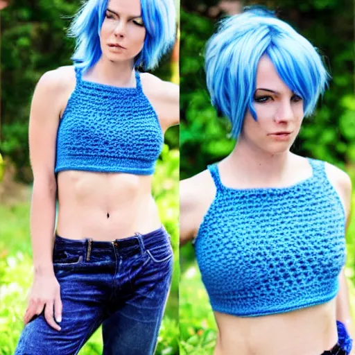 Image similar to “photo of Caucasian female model with blue hair wearing a crocheted crop top”