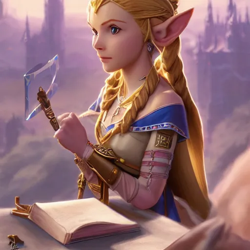 Image similar to Princess Zelda, sitting at a desk, close-up shot, elegant, realistic character concept, high fantasy, light atmosphere, golden ratio, cinematic lighting, hyperdetailed, high resolution, insanely detailed and intricate, artstation, Marc Simonetti, Greg Rutkowski, octane render, 8k