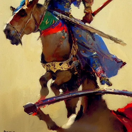 Image similar to close - up portrait of colorful rider holding jousting lance, caparisons, chainmail, by greg manchess, bernie fuchs, ruan jia, walter everett