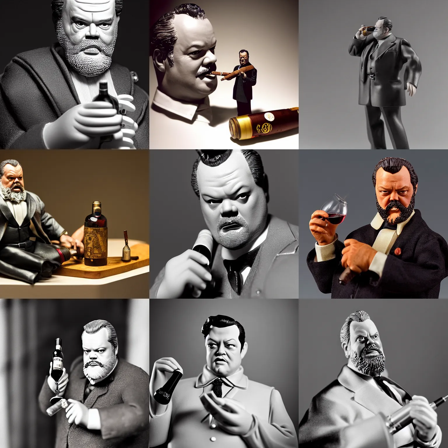 Prompt: detailed orson welles action figure, holding wine bottle, smoking a cigar, 3 5 mm photograph, product studio lighting