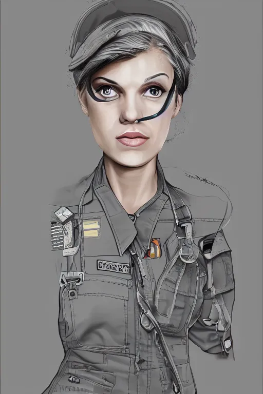 Image similar to portrait of a military engineer woman with short white hair, wearing overalls, medium shot, portrait, concept art, vector line art, natural lighting, somber, solemn, serious, illustration, highly detailed, artstation,