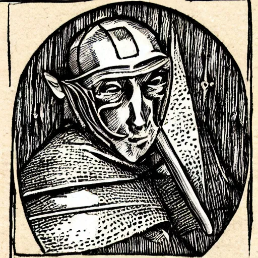 Image similar to medieval character stamp in medieval style by frank godwin and moebius, ink outline, charcoal on paper, exlibris, rubber stamp