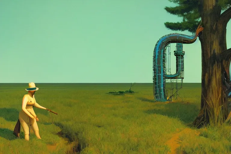 Prompt: snake oil researcher digging through the swamps of Formosa, painting by Edward Hopper, 3D render by Beeple, sketch by R. Crumb