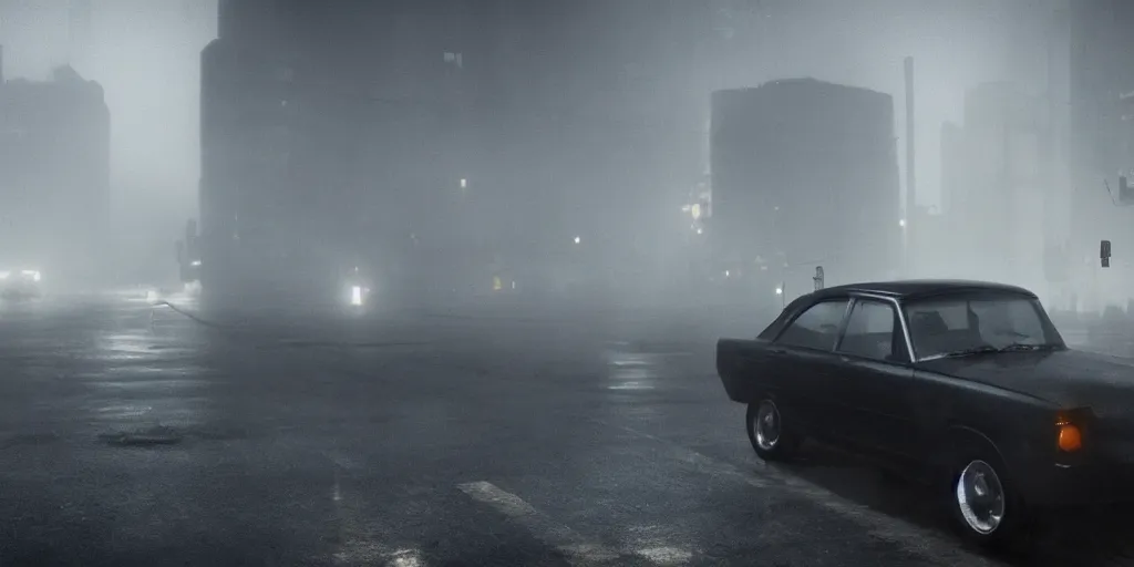 Prompt: a noir film scene, single character, old car, mist, foggy, mysterious, by yoji shinkawa