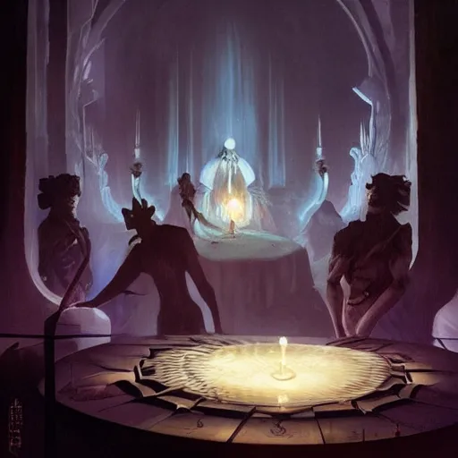 Prompt: a seance in a dark room with white glow, futuristic, fantasy art, magic : the gathering