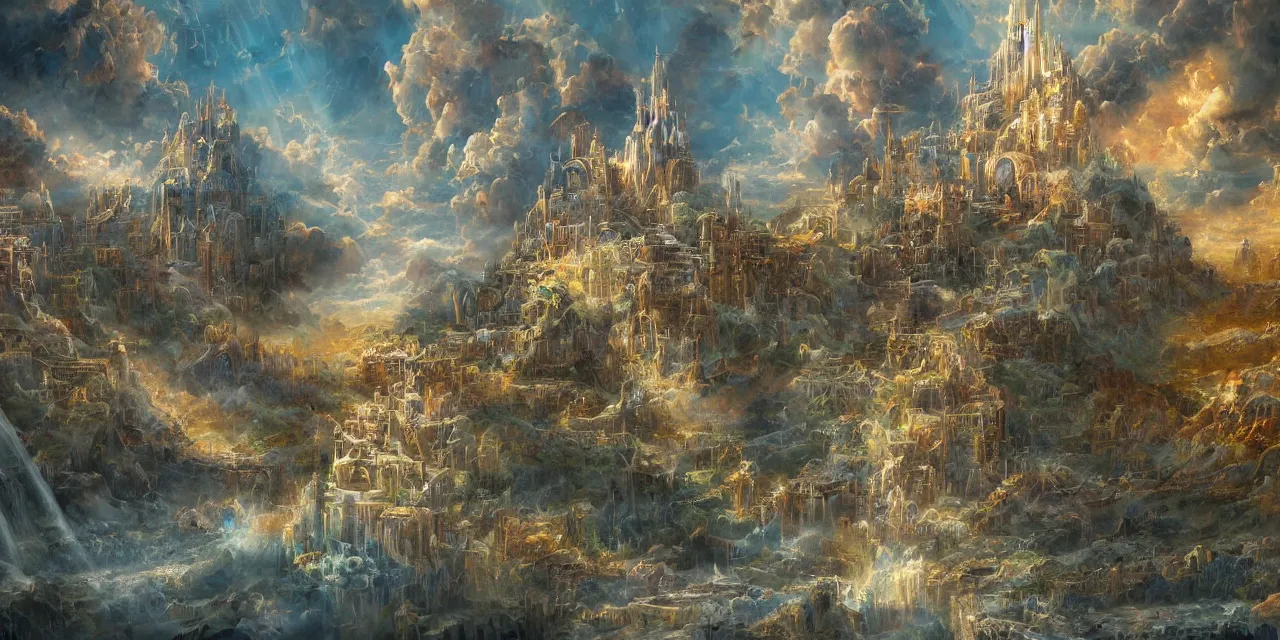 Image similar to a beautiful painting of sky palace, god, musical notes in blind eyes, rivers, angels, deep roses, secret, infinite, light effect, a huge sence, ultrawide viewn and highly detailed matte painting by simon bisley and randolph caldecott, trending on artstation