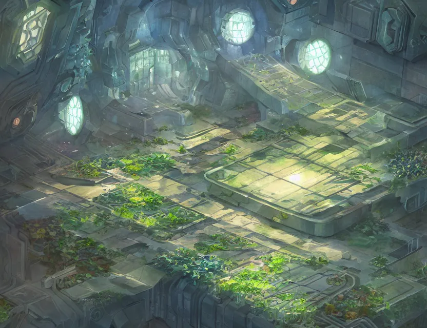 Prompt: geometric garden in a space fortress. this watercolor painting by the award - winning concept artist has cinematic lighting, an interesting color scheme and intricate details.